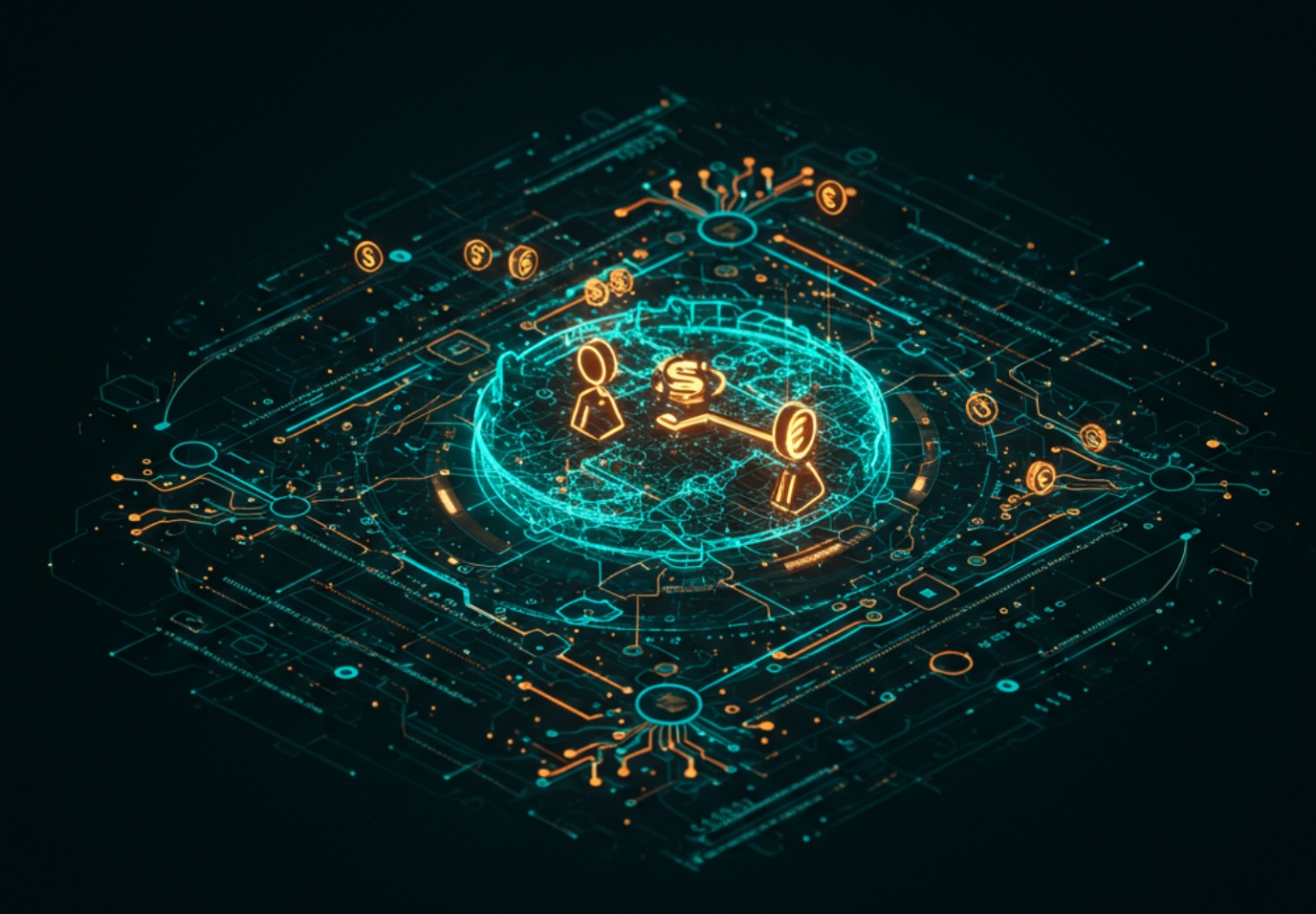 Abstract visualization of Agentic AI processing financial data for rebate optimization