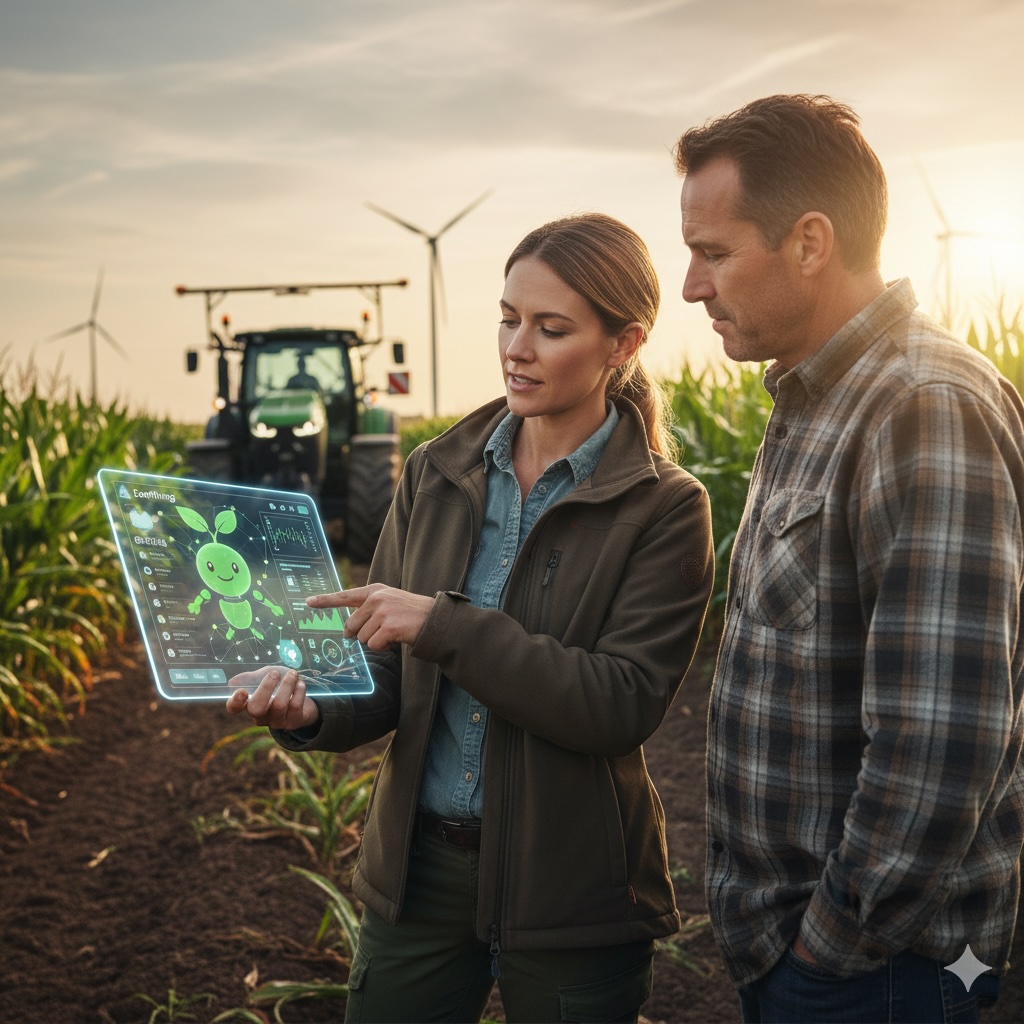Agronomist in a field using a tablet with an AI chatbot interface to advise a farmer.