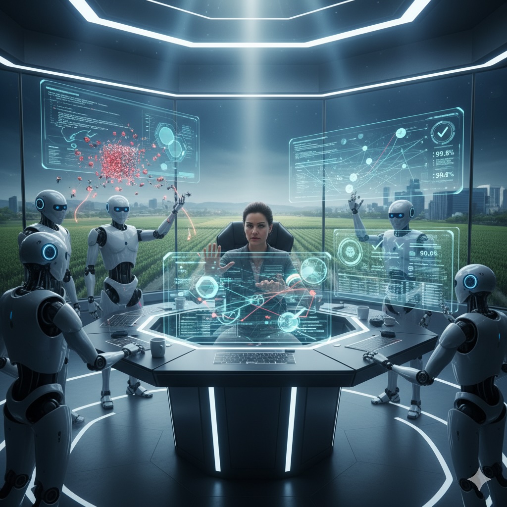 A human interacting with robot data agents in a high-tech control room, collaboratively fixing and organizing data.