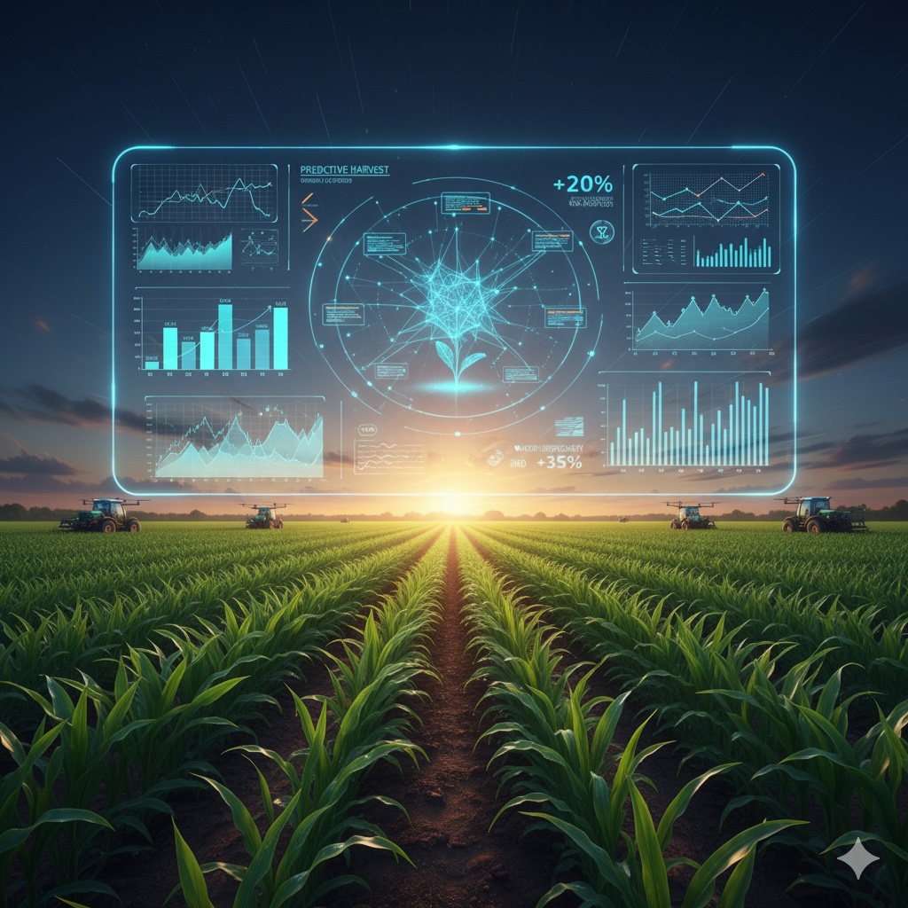 Predictive analytics charts over an agricultural field.