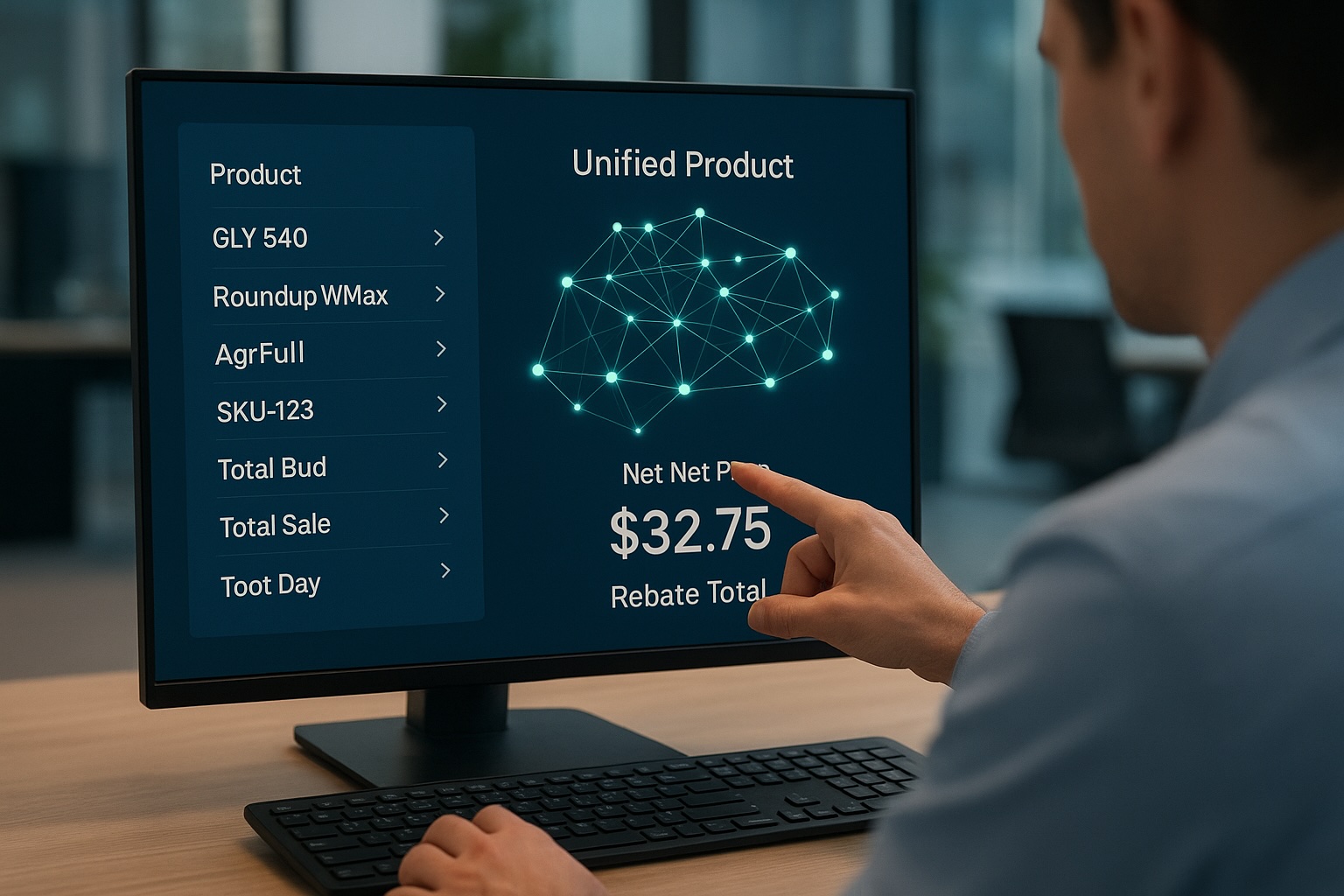 Abstract visualization of data linking different crop input products for financial optimization.